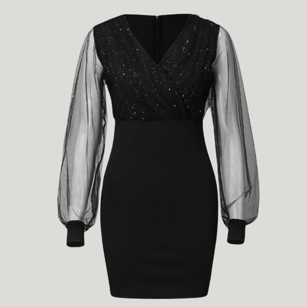 Elise de Paris | Robe Noire Élégante à Paillettes et Manches Transparentes